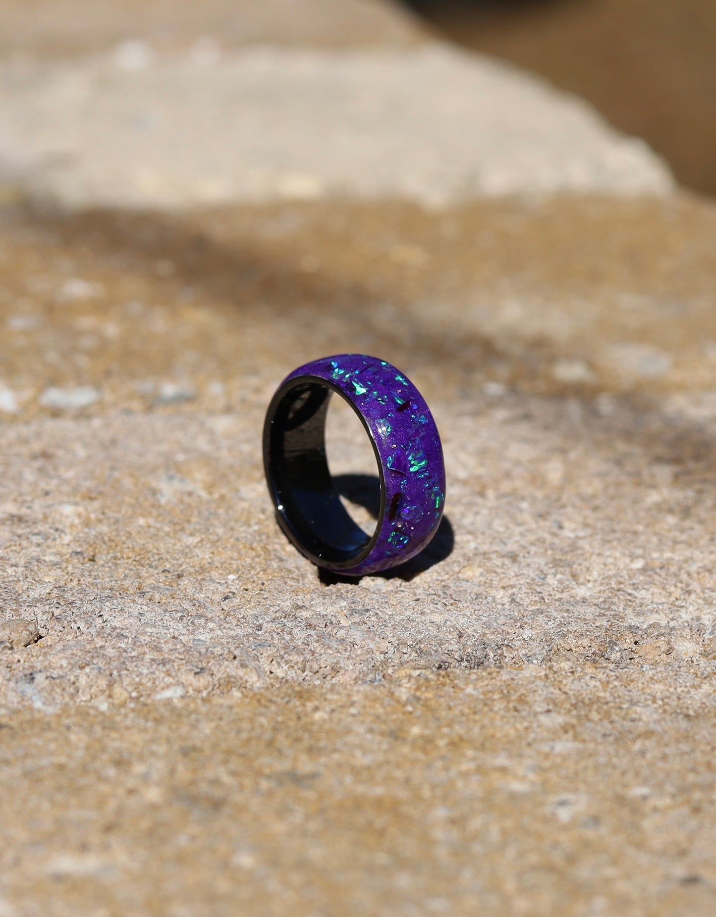 Lavender Opal with Purple Glow on Black Ceramic Band