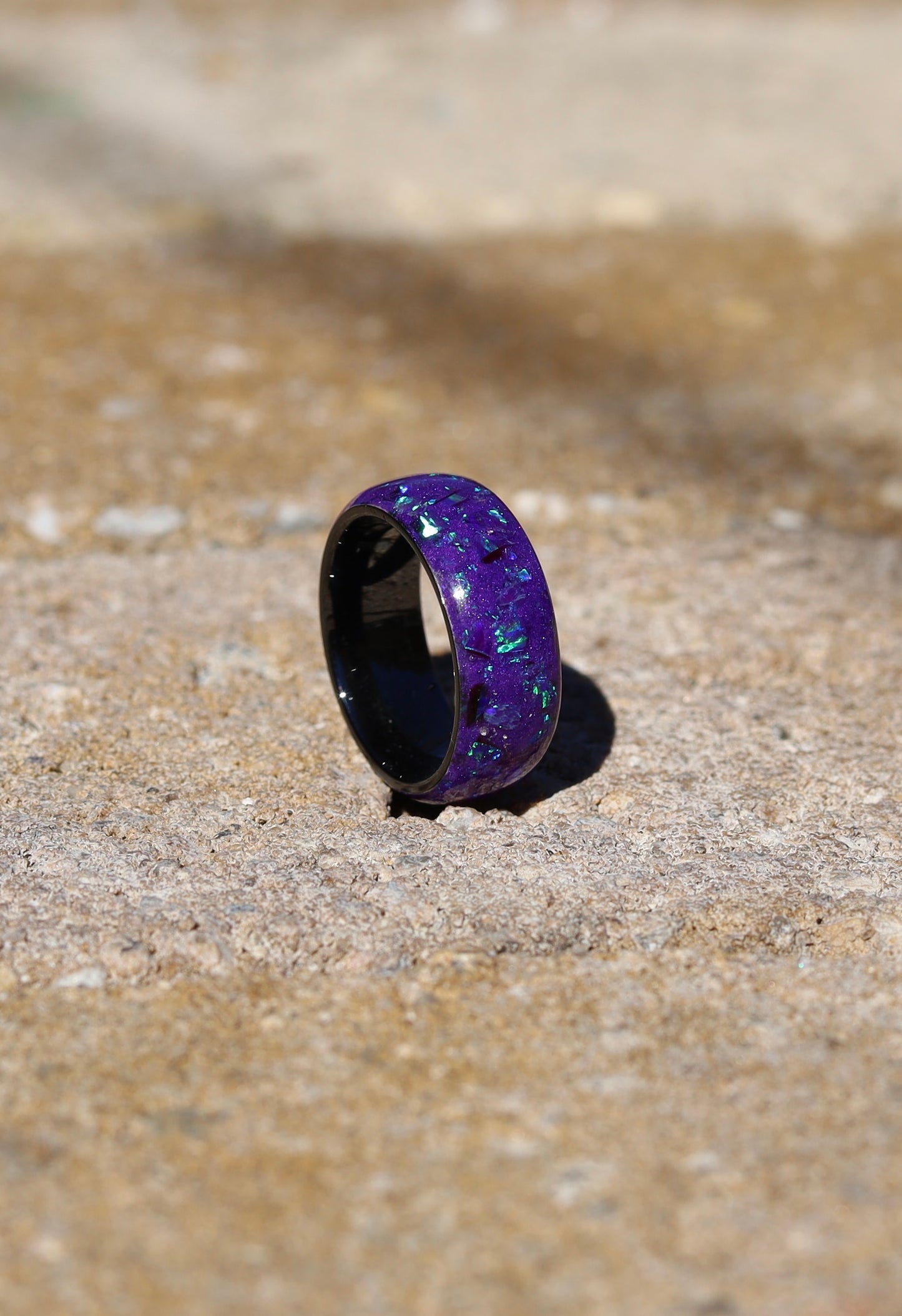 Lavender Opal with Purple Glow on Black Ceramic Band